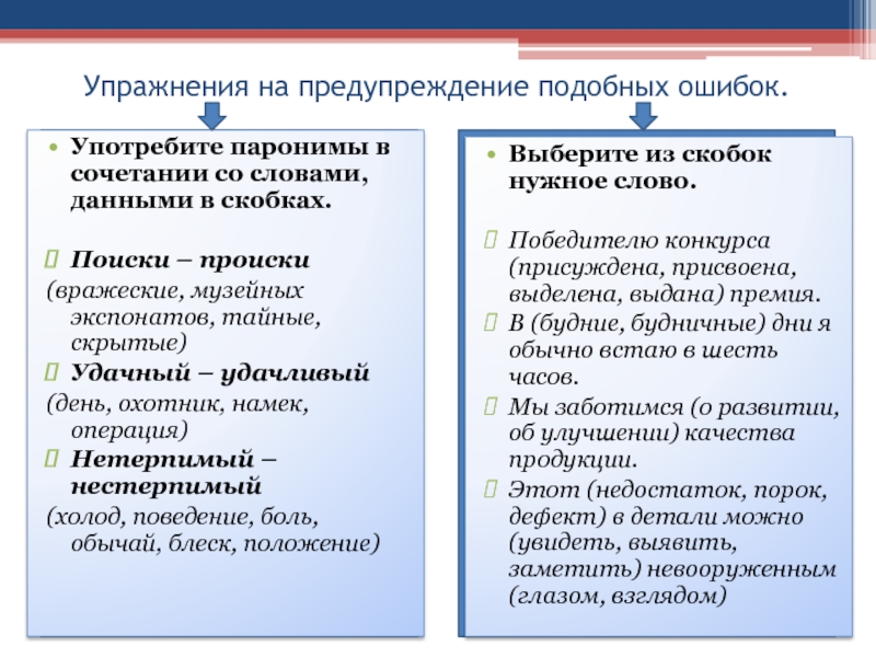 Упражнения на предупреждение подобных ошибок.Употребите паронимы в сочетании со словами, данными в скобках.Поиски – происки(вражеские, музейных экспонатов,