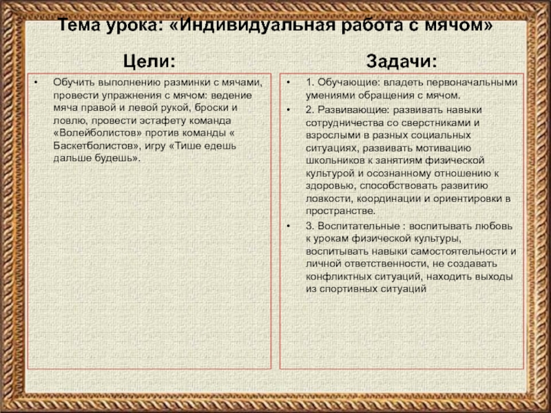 Презентация урока на тему:  Тема урока: «Индивидуальная работа с мячом» Цели: Обучить выполнению разминки с мячами, провести упражнения с мячом: ведение