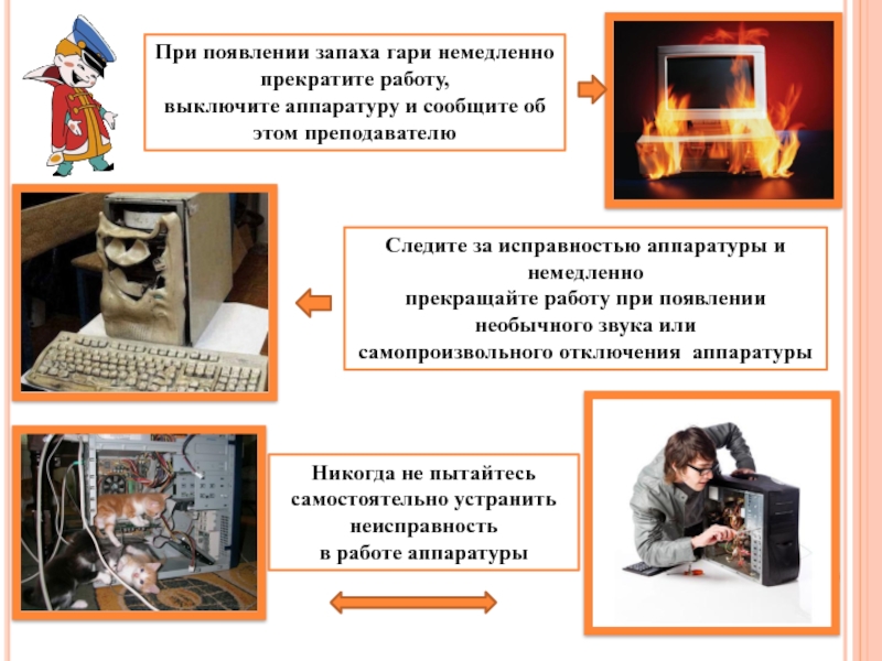 В случае появления. Немедленно прекратить работу. При появлении запаха Гари в кабинете информатики необходимо. При появлении запаха сообщи учителю. При появлении запаха Гари.