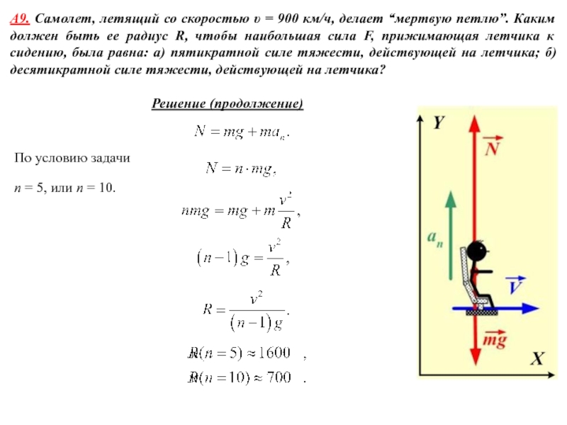 При постоянной скорости 900 км ч самолет описывает вертикальную петлю при каком радиусе петли 5g