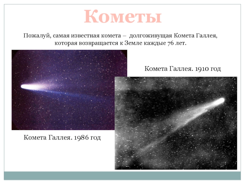 КометыПожалуй, самая известная комета – долгоживущая Комета Галлея, которая возвращается к Земле каждые 76 лет. Комета Галлея.
