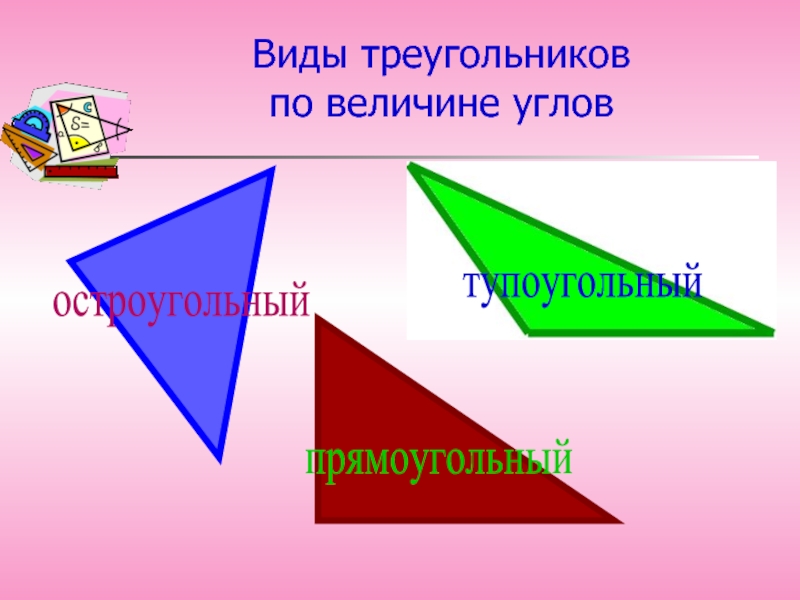 Виды треугольников  по величине угловпрямоугольныйостроугольныйтупоугольный