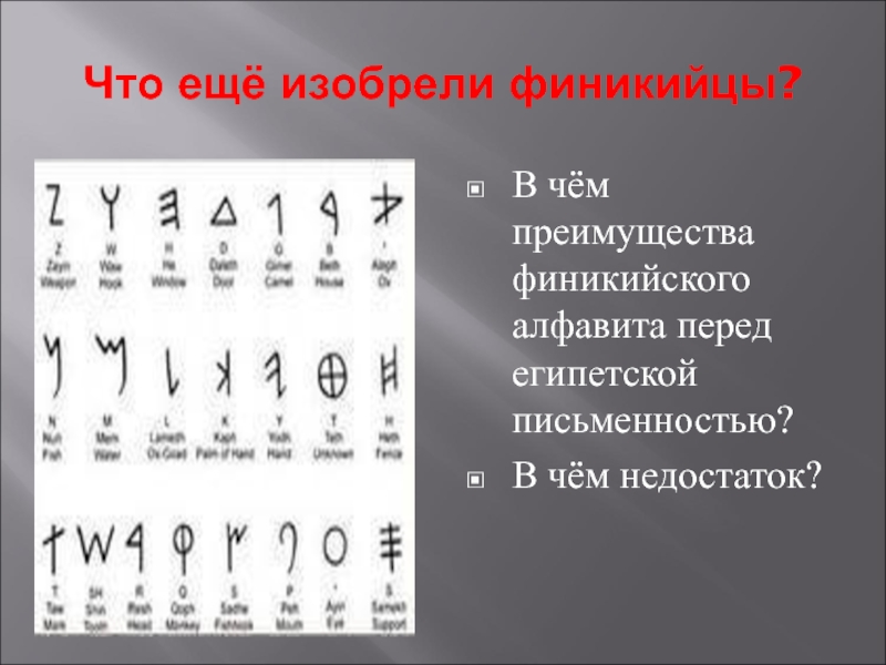 В чем недостаток финикийского алфавита перед письменностью. Недостатки финикийского алфавита. Главный недостаток финикийского письма. В чем преимущества финикийского алфавита перед письменностью Египта. В чём преимущества финикийского алфавита перед письменностью.