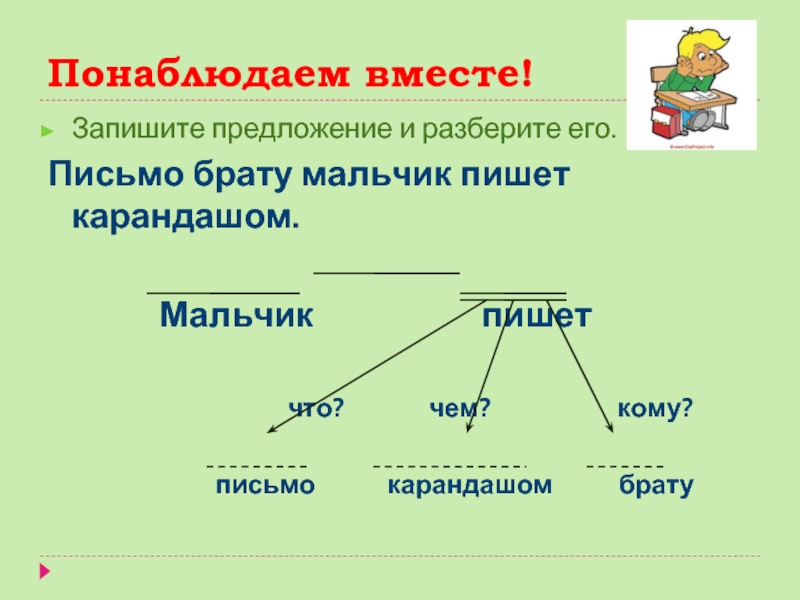 Записать предложения с дополнениями. Презентация на тему дополнение. Проект на тему дополнение. Письмо брату мальчик пишет карандашом. Реферат на тему дополнение.