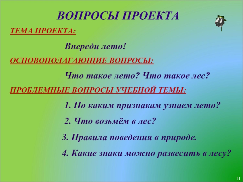 Проблемные вопросы для проекта