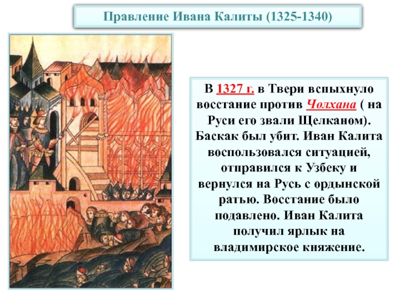 Восстание против чолхана год. Антиордынское восстание в Твери 1327. Восстание в Твери 1327 Чолхан. Подавил восстание в Твери в 1327.