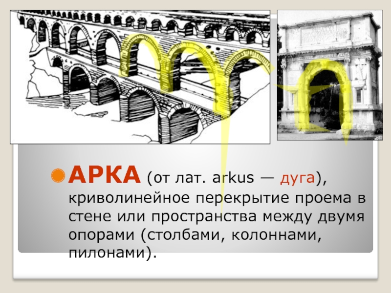 АРКА (от лат. arkus — дуга), криволинейное перекрытие проема в стене или пространства между двумя опорами (столбами,