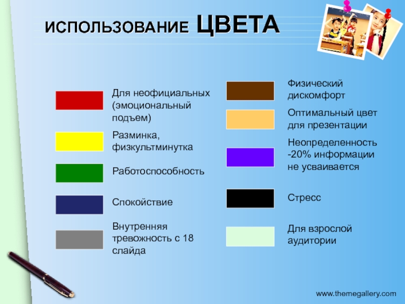 Применение цвета. Оптимальные цвета для презентации. Использование цвета в презентации. Какие цвета использовать в презентации. Используемые цвета.