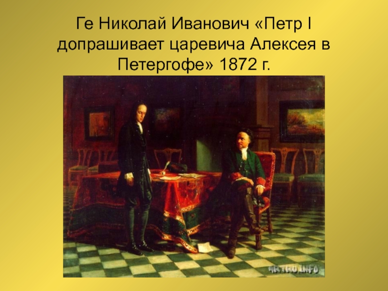 Кто написал картину петр 1 допрашивает царевича алексея в петергофе написал