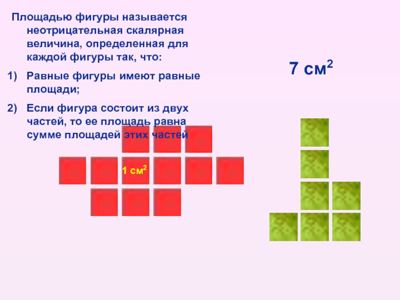 1 см2Площадью фигуры называется неотрицательная скалярная величина, определенная для каждой фигуры так, что:Равные фигуры имеют равные площади;Если