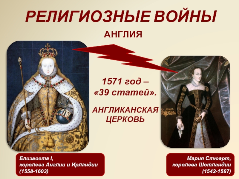 РЕЛИГИОЗНЫЕ ВОЙНЫАНГЛИЯМария Стюарт,королева Шотландии(1542-1587)1571 год –«39 статей».АНГЛИКАНСКАЯ ЦЕРКОВЬЕлизавета I,королева Англии и Ирландии (1558-1603)