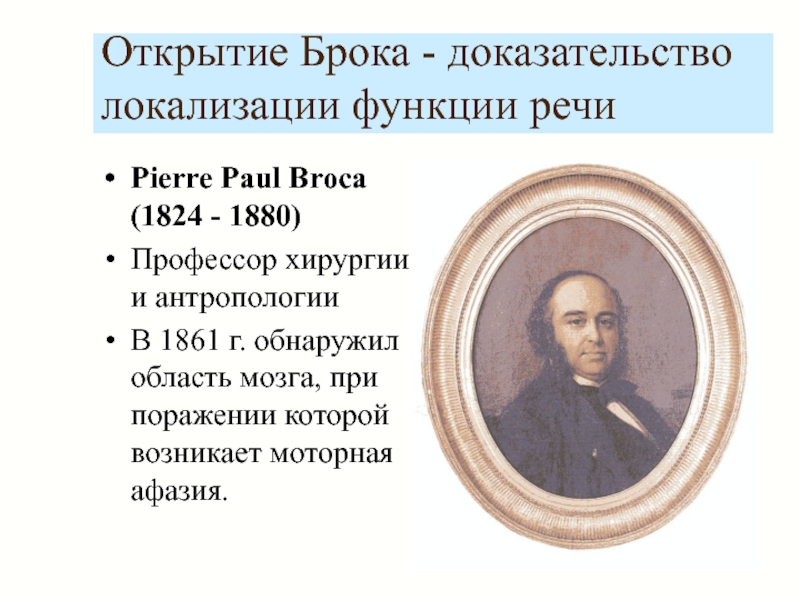 Открытие Брока - доказательство локализации функции речиPierre Paul Broca (1824 - 1880)Профессор хирургии и антропологииВ 1861 г.