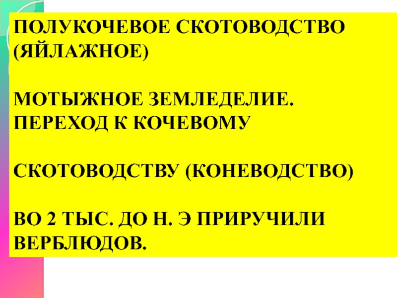 Полукочевое скотоводство(яйлажное)Мотыжное земледелие.Переход к кочевому Скотоводству (коневодство)Во 2 тыс. до н. э приручили Верблюдов.