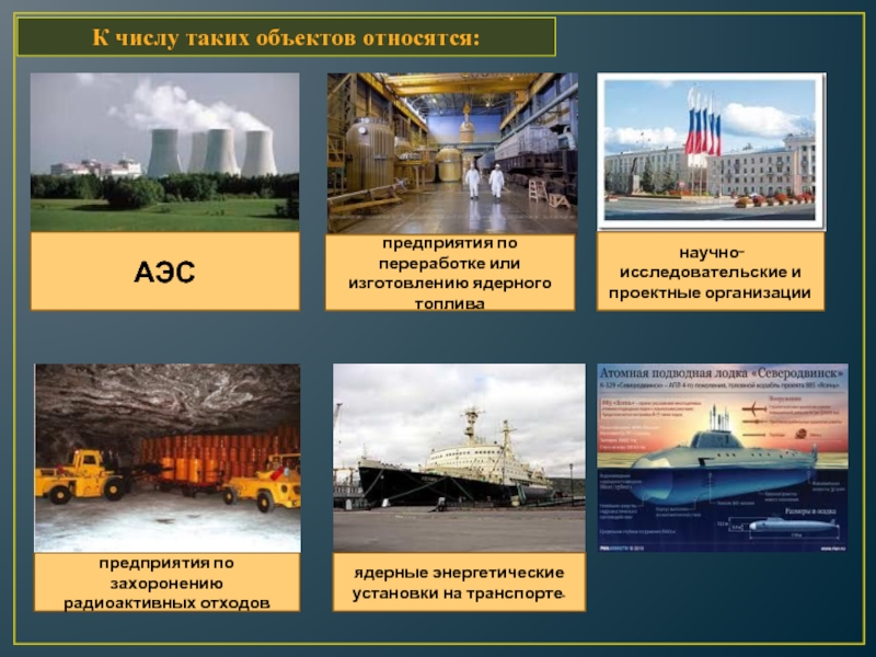  К числу таких объектов относятся: АЭСпредприятия по переработке или изготовлению ядерного топлива научно-исследовательские и проектные организациипредприятия по
