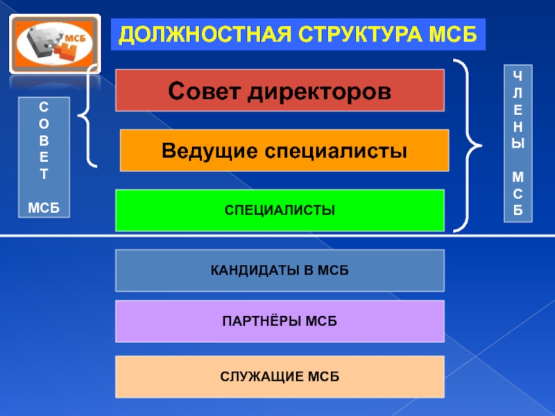 ДОЛЖНОСТНАЯ СТРУКТУРА МСБСЛУЖАЩИЕ МСБПАРТНЁРЫ МСБКАНДИДАТЫ В МСБСПЕЦИАЛИСТЫВедущие специалистыСовет директоровСОВЕТМСБЧЛЕНЫМСБ