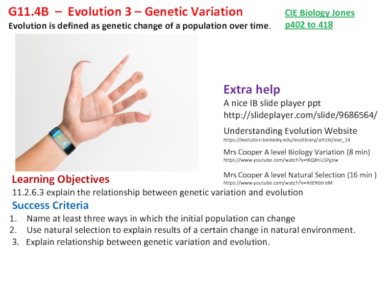 Презентация G11.4B – Evolution 3 – Genetic Variation
Learning Objectives
11.2.6.3 explain