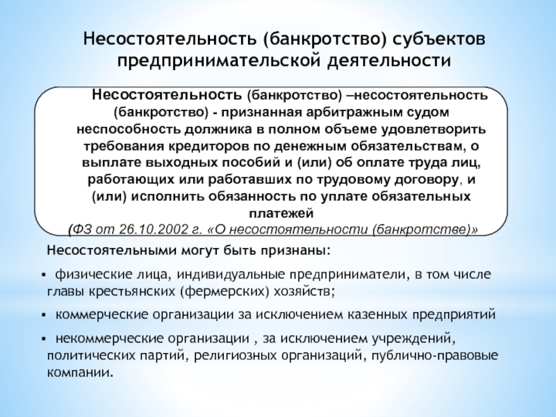 Особенности банкротства индивидуальных предпринимателей презентация