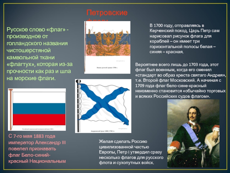 Слово флаг. Флаг Петровской России. Голландский флаг и русский. Флаг России в 1703 году.