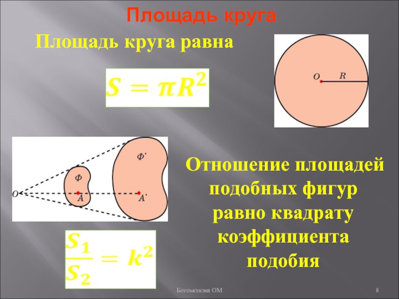 Площадь круга равна 3. Отношение площадей подобных фигур. Отношение площадей подобных фигур равно. Площади подобных фигур равны. Как относятся площади подобных фигур.