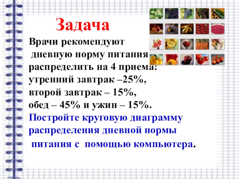 На круговой диаграмме показано как можно распределить питание в течение дня по рекомендации врача