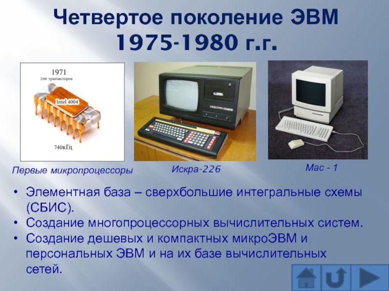 Четвертое поколение ЭВМ 1975-1980 г.г.Первые микропроцессорыИскра-226Элементная база – сверхбольшие интегральные схемы (СБИС). Создание многопроцессорных вычислительных систем.Создание дешевых