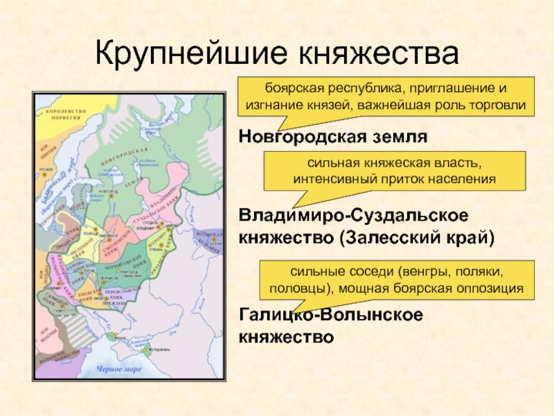 Древняя Русь
IX - XIII вв Крупнейшие княжестваНовгородская земляВладимиро-Суздальское княжество (Залесский край)Галицко-Волынское княжествосильная княжеская власть, интенсивный приток Крупнейшие княжестваНовгородская земляВладимиро-Суздальское княжество (Залесский край)Галицко-Волынское княжествосильная княжеская власть, интенсивный приток населениябоярская республика, приглашение иизгнание князей, важнейшая