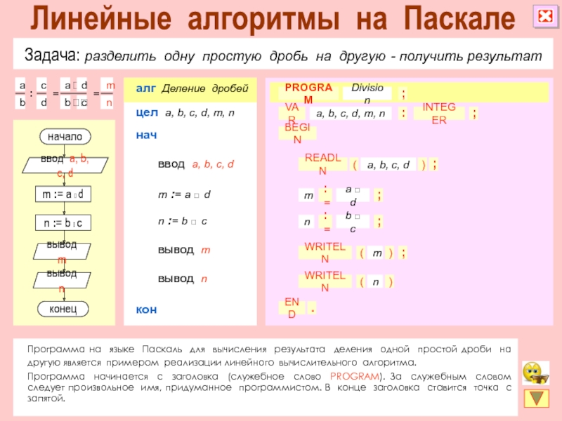 Презентация Задача: разделить одну простую дробь на другую - получить результат
Программа