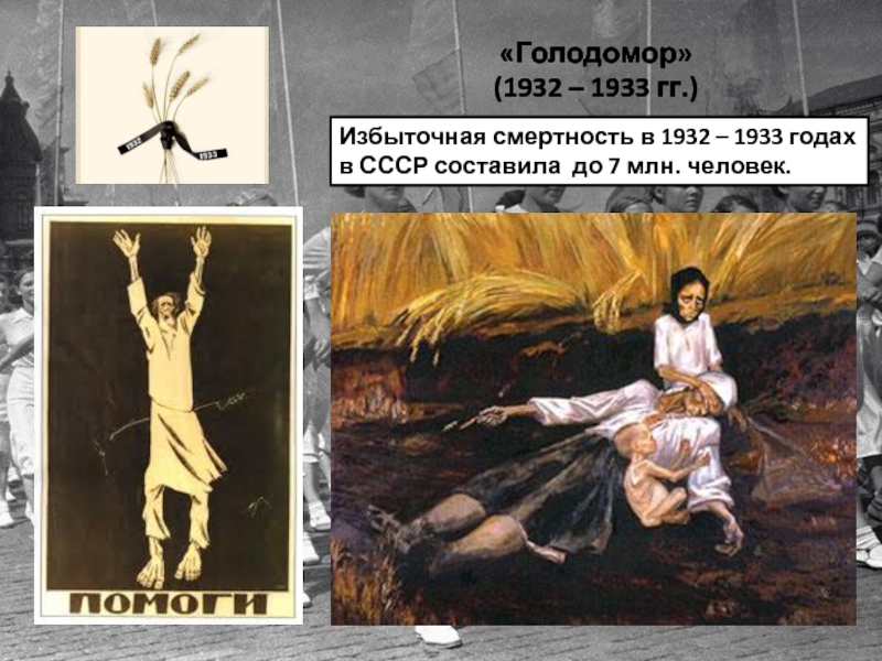 «Голодомор» (1932 – 1933 гг.)Избыточная смертность в 1932 – 1933 годах в СССР составила до 7 млн.