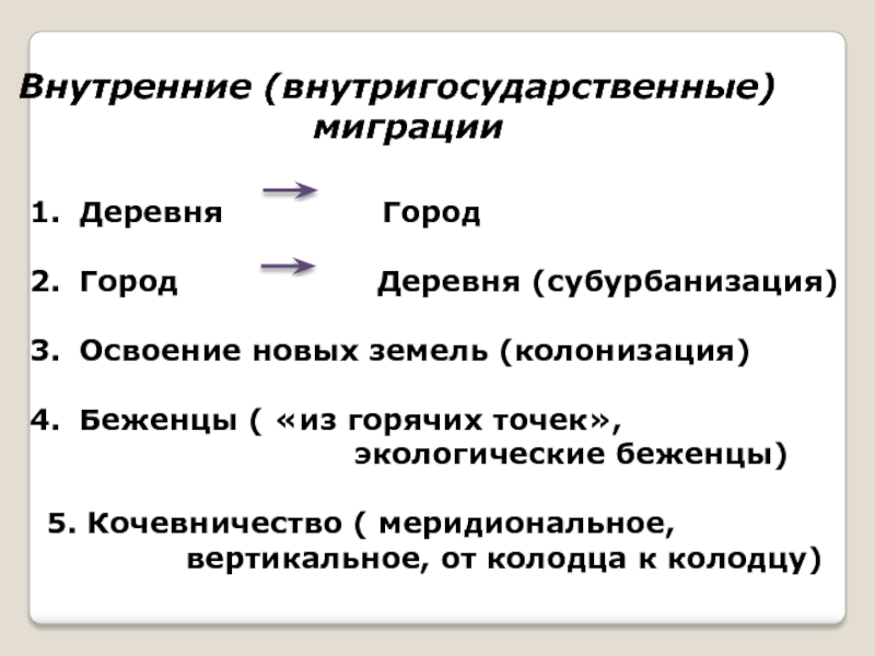 Внутренняя миграция. Причины внутренней миграции. Внутренние факторы миграции. Виды внутригосударственных миграций.