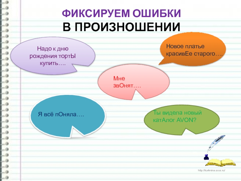 ФИКСИРУЕМ ОШИБКИ В ПРОИЗНОШЕНИИНадо к дню рождения тортЫ купить….Новое платье красивЕе старого….Мне звОнят….Я всё пОняла….Ты видела новый