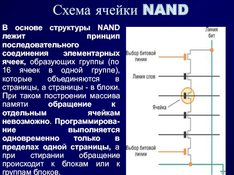 Схема ячейки NAND В основе структуры NAND лежит принцип последовательного соединения элементарных ячеек, образующих группы (по 16