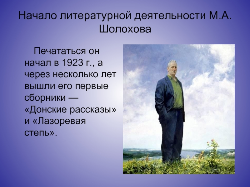 Начало литературной деятельности М.А.Шолохова    Печататься он начал в 1923 г., а через несколько лет