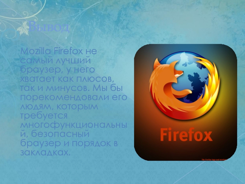 Вывод  Mozilla Firefox не самый лучший браузер, у него хватает как плюсов, так и минусов. Мы