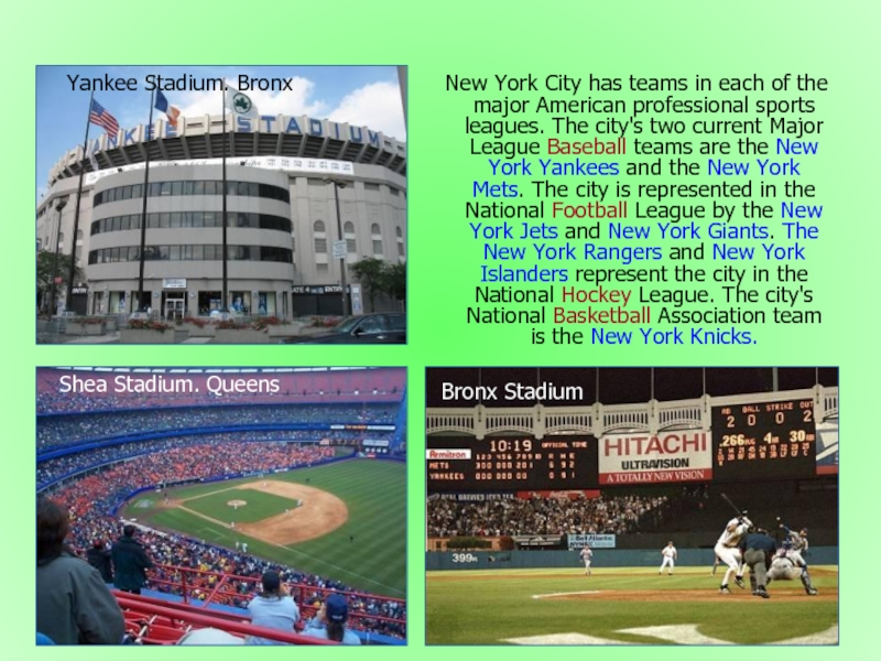 New York City has teams in each of the major American professional sports leagues. The