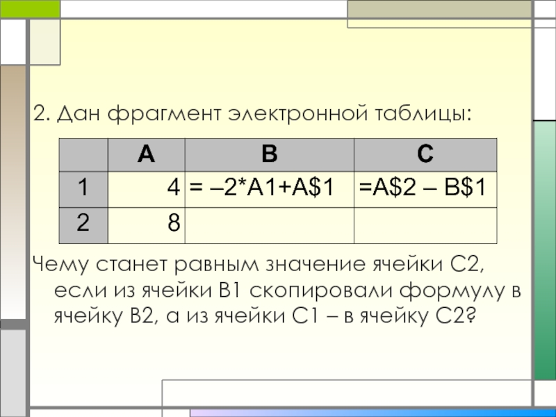 В ячейке электронной таблицы в 4. А2 +в2 $с$2 из ячейки 2 в ячейку 3. В ячейке а1 электронной таблицы записана =b$2+$b3. Формула ячейка+1. Формулу из ячейки в1 скопировали в в2.