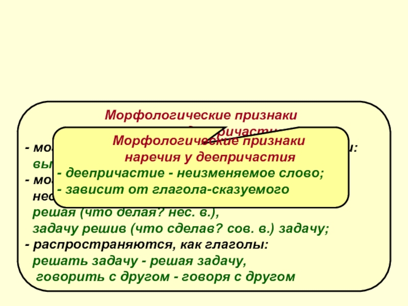 Морфологические признаки деепричастия. Морфологические особенности деепричастия. Морфологические признаки глагола у деепричастия. Деепричастие морфологические признаки деепричастия.