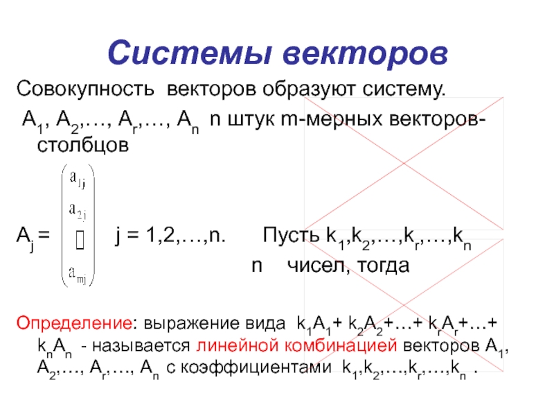 Системы векторовСовокупность векторов образуют систему. А1, А2,…, Аr,…, Аn n штук m-мерных векторов-столбцовАj =
