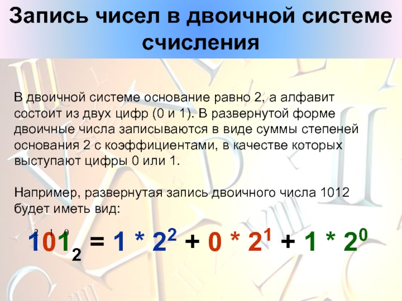Запись чисел в двоичной системе счисленияВ двоичной системе основание равно 2, а алфавит состоит из двух цифр