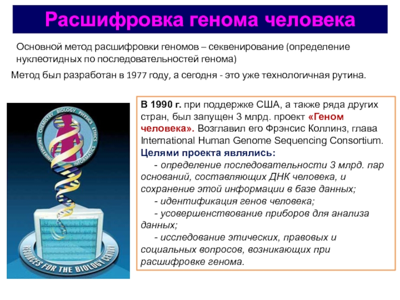 Расшифровка генома человека
Основной метод расшифровки геномов – секвенирование