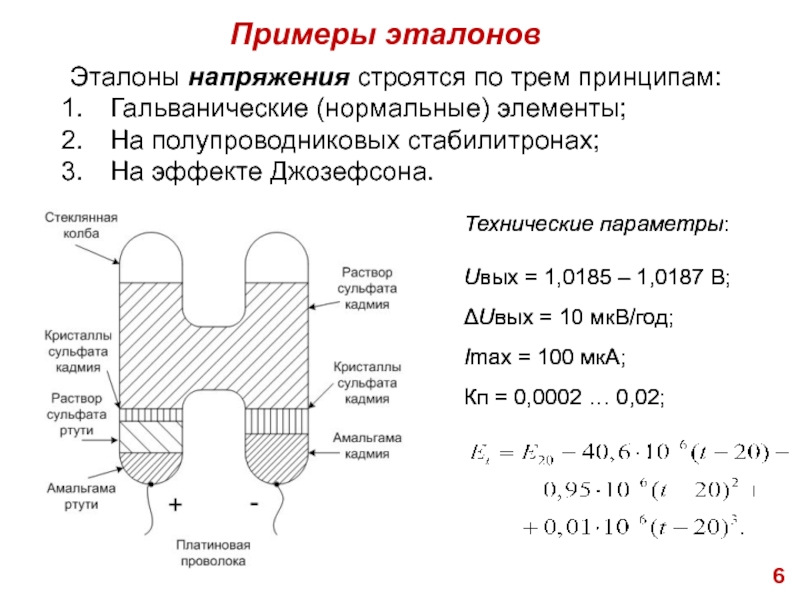 14.02.2019
1
Лекция №9
Единство измерений. Поверка СИ. Процедура утверждения Примеры эталоновЭталоны напряжения строятся по трем принципам:Гальванические (нормальные) элементы;На полупроводниковых стабилитронах;На Примеры эталоновЭталоны напряжения строятся по трем принципам:Гальванические (нормальные) элементы;На полупроводниковых стабилитронах;На эффекте Джозефсона.Технические параметры:Uвых = 1,0185 –