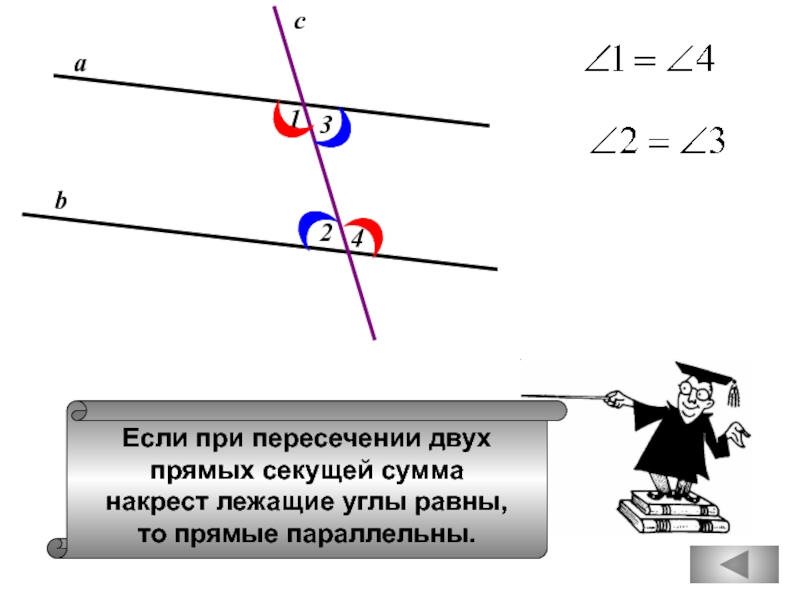 Если при пересечении двух прямых секущей сумма накрест лежащие углы равны, то прямые параллельны.аbc1234