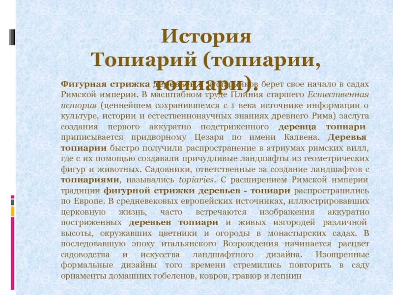 Топиарий История Топиарий (топиарии, топиари). Фигурная стрижка деревьев и кустарников берет свое История  Топиарий (топиарии, топиари).  Фигурная стрижка деревьев и кустарников берет свое начало в садах Римской