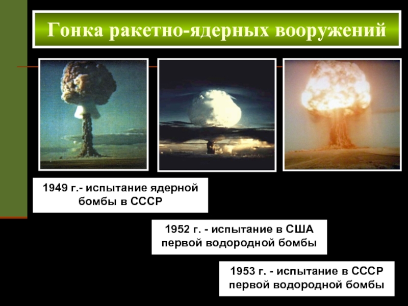 1949 г.- испытание ядерной бомбы в СССРГонка ракетно-ядерных вооружений1952 г. - испытание в США первой водородной бомбы1953