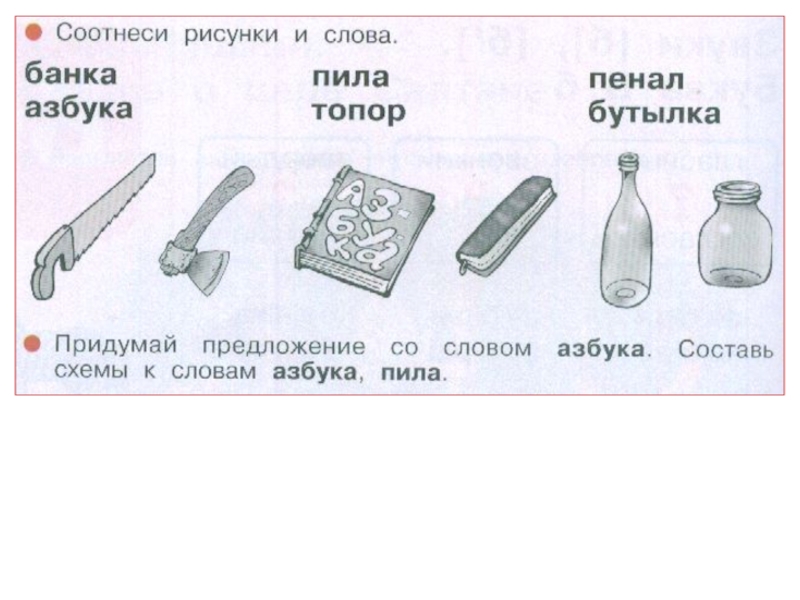 Соотнесите иллюстрации и текст. Соотнеси слова с рисунком. Схема Азбука и пила. Азбука пила составить схему. Схема слова банка.