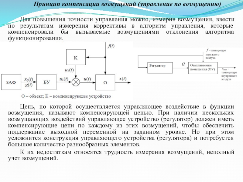 Единичное управление. Принцип компенсации (управление по возмущению). Принцип управления по возмущению (принцип компенсации возмущения).. Структурная схема регулирования по возмущению. Принцип компенсации управления примеры.