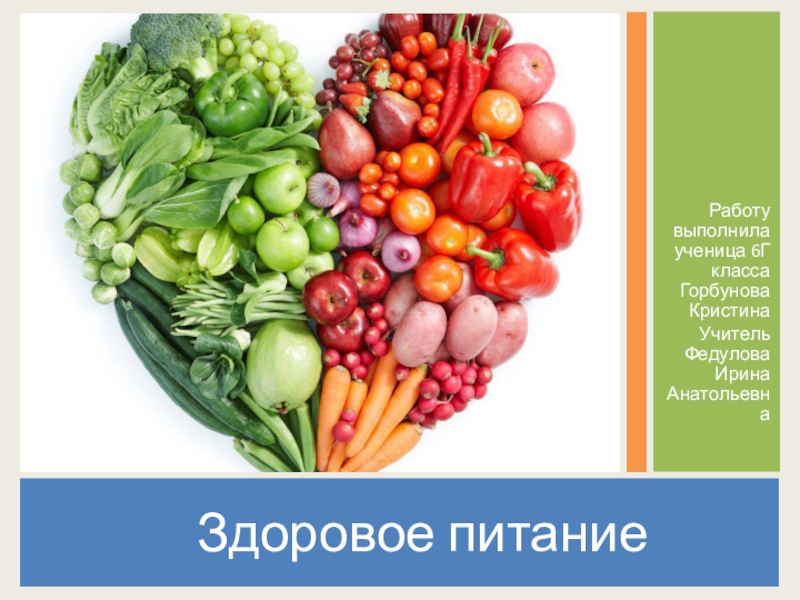 Здоровое питание
Работу выполнила ученица 6Г класса Горбунова Кристина
Учитель