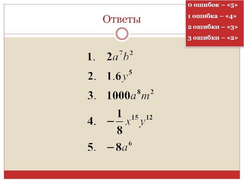 1 в 21 степени ответ. Умножение одночленов возведение одночлена в степень. 0 Ошибок 5 1 ошибка 4.