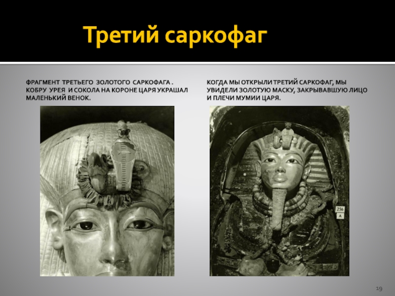 Третий саркофагФрагмент третьего золотого Саркофага .Кобру урея и сокола на короне