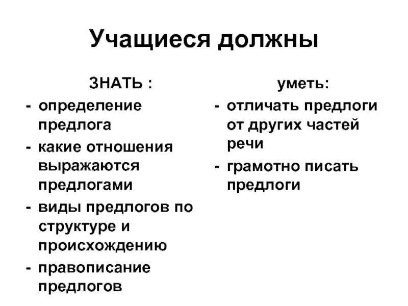 Знать определение. Какие отношения выражают предлоги. Доклад как отличить предлоги от других частей. Уметь различать. Умей отличать.