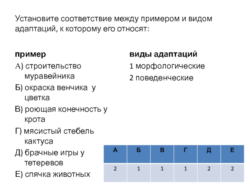 Установите соответствие между примером и фактором. Установите соответствие между примерами и типами адаптаций. Установите соответствие между примерами и видами адаптаций. Установите соответствие адаптация и вид адаптации. Установите соответствие между видами адаптации и их примерами.